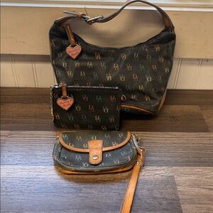 vintage Dooney & Bourke monogram shoulder bag and matching wristlets 3pc RARE